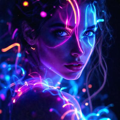 The primary subject of the image is a woman with a purple and blue glow surrounding her. She is looking at the camera with a focused expression. The setting is a dark room, and the visual style appears to be a digital art or illustration. The colors and mood of the image are vibrant and energetic, creating a captivating and unique atmosphere.